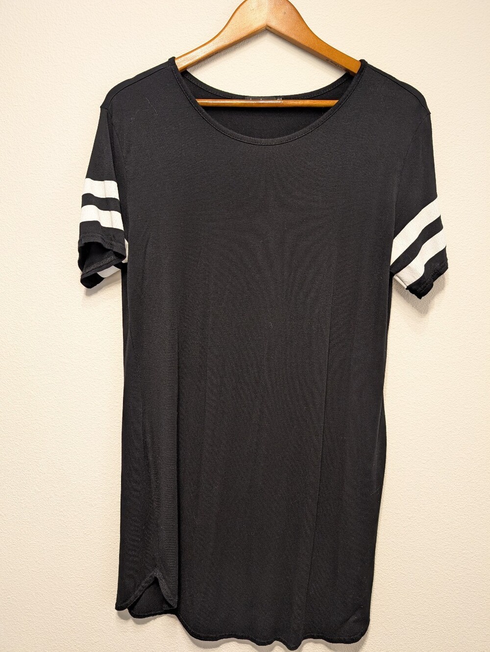 Black Short Sleeve TShirt Dress with White Sleeve Stripes